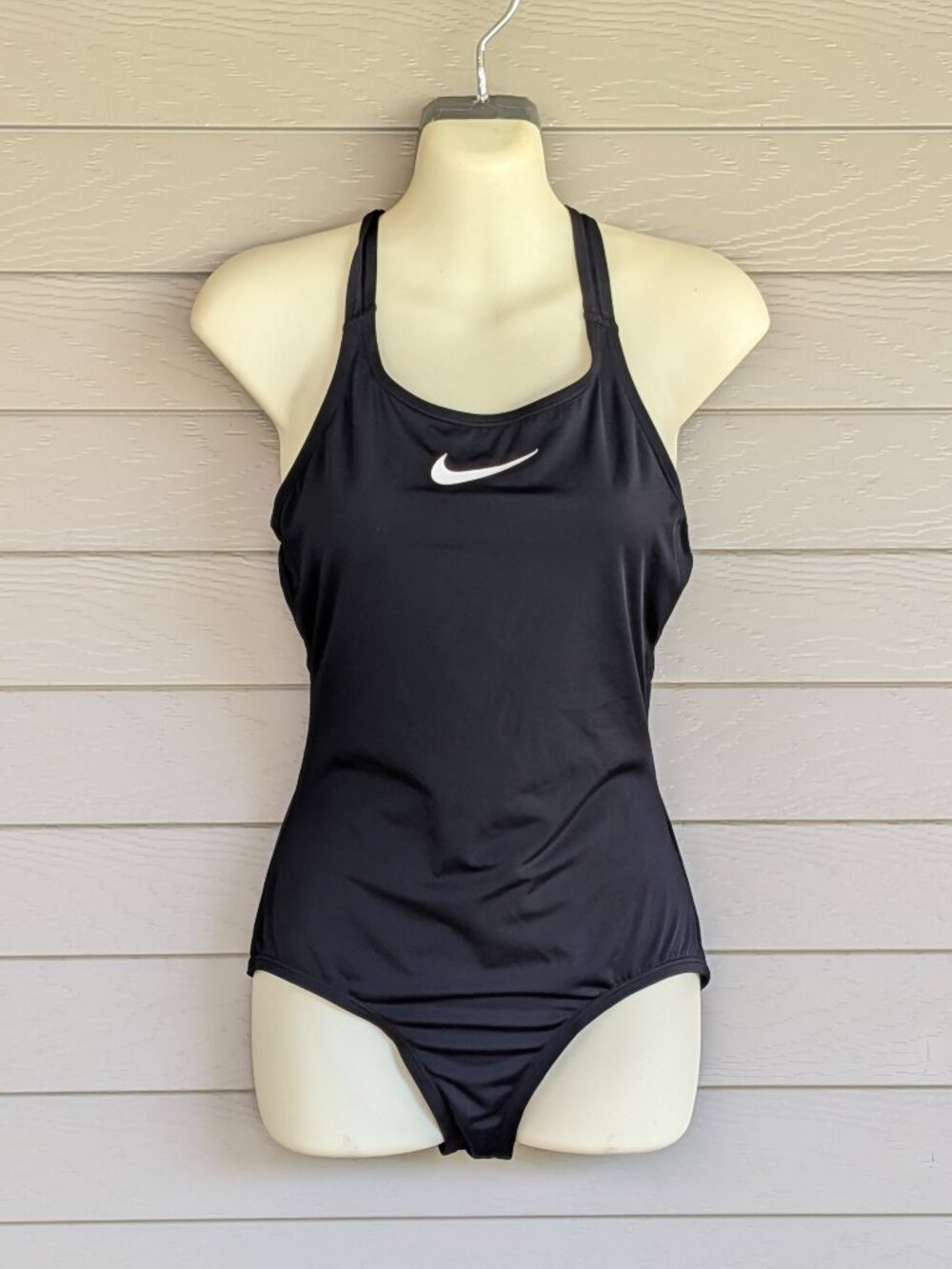 NIKE Womens Black One-Piece Racer Back Swimsuit w/ White Swoosh - Size XL